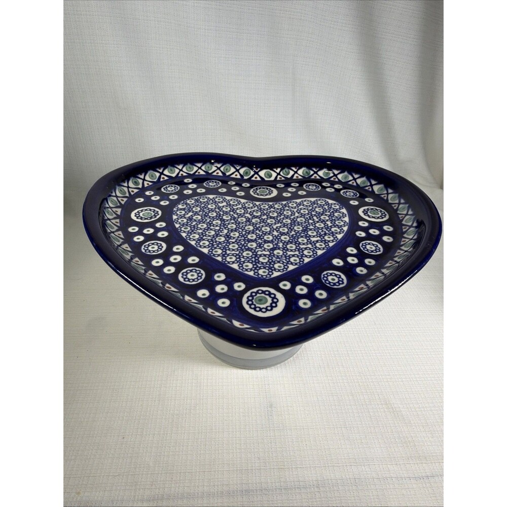 Polish Pottery Heart Shaped Platter Boleslawiec Unikat Peacock Blue Backstamp